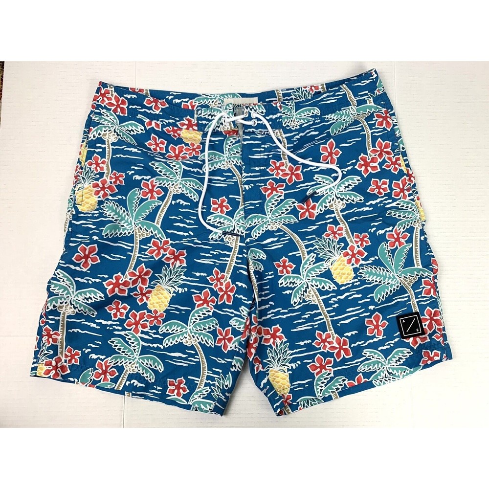 American Eagle Swim Trunks Mens XL Board Shorts Blue Floral Hawaiian Pockets